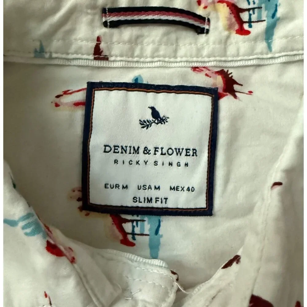 Denim & Flower Ricky Singh Slim Fit Mens Button Down Pink Flamingo Shirt Size Me - Picture 7 of 14